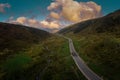 Aerial drone view of morning in the valley of kuhtai, one of the magnificent valleys in the heart of austria. Sun just about to