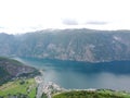 Aerial drone view of Norwegian fjord mountains Stegastein viewpoint above Orlandsfjord in Norwa Royalty Free Stock Photo