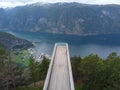 Aerial drone view of Norwegian fjord mountains Stegastein viewpoint above Orlandsfjord in Norway Royalty Free Stock Photo