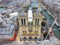 Aerial drone view of Notre-Dame Cathedral during reparation works in Paris, France.. Royalty Free Stock Photo