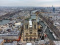 Aerial drone view of Notre-Dame Cathedral during reparation works in Paris, France.. Royalty Free Stock Photo