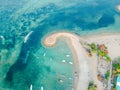 Aerial drone view of ocean, boats, beach, shore In Sanur Beach, Bali, Indonesia with with Traditional Balinese Fishing Boats Royalty Free Stock Photo