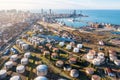 Aerial drone view of oil and gas terminal with steel storage tanks of oil and LPG petrochemical. Oil tank farm for gas Royalty Free Stock Photo