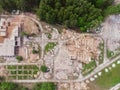 Aerial drone view of old demolished industrial building. Pile of concrete and brick rubbish, debris, rubble and waste of Royalty Free Stock Photo