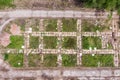 Aerial drone view of old demolished industrial building. Pile of concrete and brick rubbish, debris, rubble and waste of Royalty Free Stock Photo