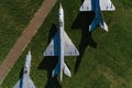 Aerial drone view on old jet fighters.