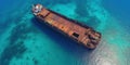 Aerial drone view of old shipwreck. AI generative illustration