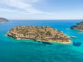 Aerial drone view of an old Venetian fortress island and former Leper colony. Spinalonga, Crete, Greece Royalty Free Stock Photo