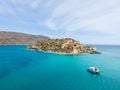 Aerial drone view of an old Venetian fortress island and former Leper colony. Spinalonga, Crete, Greece Royalty Free Stock Photo