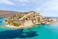 Aerial drone view of an old Venetian fortress island and former Leper colony. Spinalonga, Crete, Greece Royalty Free Stock Photo