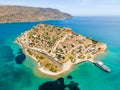 Aerial drone view of an old Venetian fortress island and former Leper colony. Spinalonga, Crete, Greece Royalty Free Stock Photo