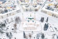 Aerial drone view of Orthodox Church of Elijah the Prophet and old city center in winter of Yaroslavl, Russia. Ancient russian Royalty Free Stock Photo