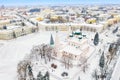 Aerial drone view of Orthodox Church of Elijah the Prophet and old city center in winter of Yaroslavl, Russia. Ancient russian Royalty Free Stock Photo