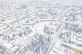 Aerial drone view of Orthodox Church of Elijah the Prophet and old city center in winter of Yaroslavl, Russia. Ancient russian