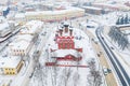 Aerial drone view of Orthodox Epiphany Church and old city center in winter of Yaroslavl, Russia. Ancient russian city of the Royalty Free Stock Photo