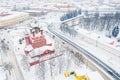 Aerial drone view of Orthodox Epiphany Church and old city center in winter of Yaroslavl, Russia. Ancient russian city of the Royalty Free Stock Photo
