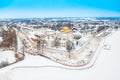 Aerial drone view of the Orthodox Holy Trinity Ipatievsky monastery during winter in Kostroma, Russia. Ancient touristic city of