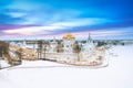 Aerial drone view of the Orthodox Holy Trinity Ipatievsky monastery during winter sunset in Kostroma, Russia. Ancient touristic