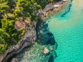 Aerial drone view over Chrisi Milia beach and the rocky surrounded area in Alonnisos island, Sporades, Greece