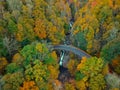 Aerial Drone view of overhead colorful fall / autumn leaf foliage near Asheville, North Carolina.Vibrant red, yellow, teal, orange Royalty Free Stock Photo