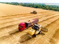 Aerial drone view. Overloading grain from combine harvesters into grain truck in field. Harvester unloder pouring Royalty Free Stock Photo