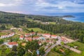 Aerial drone view of Paliouri Beach Chrousso Village in Kassandra Sithonia penisula  Chalkidiki Greece Royalty Free Stock Photo