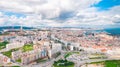 Aerial drone view of panoramic cityscape of Almada city, Almada, Portugal, 25.02.2020