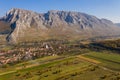 Aerial drone view of Piatra Secuiului Szekelyko mountain and Rimetea village in Transylvania, Romania Royalty Free Stock Photo