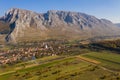 Aerial drone view of Piatra Secuiului Szekelyko mountain and Rimetea village in Transylvania, Romania Royalty Free Stock Photo