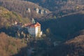 Aerial drone view of Pieskowa Skala Castle, ojcow national park, Poland. Historic castle Pieskowa Skala near Krakow in Poland. Royalty Free Stock Photo