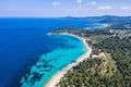 Aerial drone view of Port Glarokavos and lagoon beach in Kassandra penisula Chalkidiki Greece Royalty Free Stock Photo