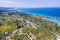 Aerial drone view of Port Glarokavos and lagoon beach in Kassandra penisula Chalkidiki Greece Royalty Free Stock Photo