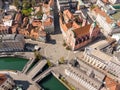 Aerial drone view of Preseren Squere and Triple Bridge over Ljubljanica river,Tromostovje, Ljubljana, Slovenia. Empty