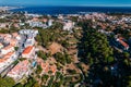 Aerial drone view of Ribeira das Vinhas hiking trail in Cascais, Portugal with Cascais Bay visible in the background Royalty Free Stock Photo