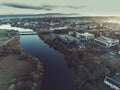 Aerial drone view on River Corrib and Galway city, Blue hour, cold color. NUI buildings and bridge. Atlantic ocean and Burren Royalty Free Stock Photo