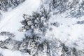 Aerial drone view of road in snowy forest Idyllic winter landscape Royalty Free Stock Photo