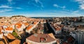 Aerial drone view of Rossio square, with the Tagus river in background in the Baixa district of Lisbon, Portugal Royalty Free Stock Photo