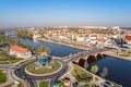 Aerial drone view on roundabout in Gorzow Wielkopolski and Warta river Royalty Free Stock Photo