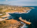 Aerial drone view ship wreck on the beach. Pegeia near Paphos on Cyprus.