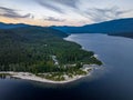 Aerial drone view of Shuswap Lake and a green forest during the sunset