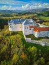 Aerial drone view of Slovenska Lupca castle during autumn sunset from south
