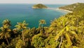 Aerial drone view small Koh Ma island, Ko Phangan Thailand. Exotic coast panoramic landscape, Mae Haad beach, summer day. Sandy Royalty Free Stock Photo