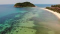 Aerial drone view small Koh Ma island, Ko Phangan Thailand. Exotic coast panoramic landscape, Mae Haad beach, summer day. Sandy Royalty Free Stock Photo