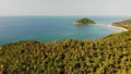 Aerial drone view small Koh Ma island, Ko Phangan Thailand. Exotic coast panoramic landscape, Mae Haad beach, summer day. Sandy Royalty Free Stock Photo