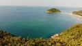 Aerial drone view small Koh Ma island, Ko Phangan Thailand. Exotic coast panoramic landscape, Mae Haad beach, summer day. Sandy Royalty Free Stock Photo