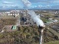 Aerial drone view on smoke stack at the petroleum and chemical industrial park of Moerdijk, The Netherlands. Royalty Free Stock Photo
