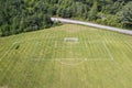 Aerial/drone view of soccer/football field net at a sports field complex in Ontario, Canada. Royalty Free Stock Photo