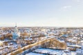 Aerial drone view of Spasskaya Church and Novotorzhsky Borisoglebsky Monastery with Tvertsa river in Torzhok, Russia. Russian