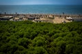 Aerial drone view of Spille beach in Albania with pine forest