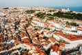 Aerial drone view of St. George Castle in Lisbon, Portugal with surrounding cityscape Royalty Free Stock Photo